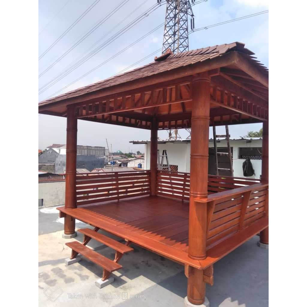 Gasebo Rooftop Kayu Kelapa | Gazebo Kayu Kelapa Desain Tiang Motif Bambu