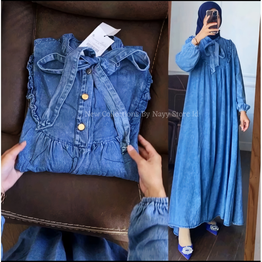 Baju Gamis Dress Jeans Snow Wanita Terbaru Mewah 2025 Kekinian  Ribbon Fashion Muslim Premium Ld 110