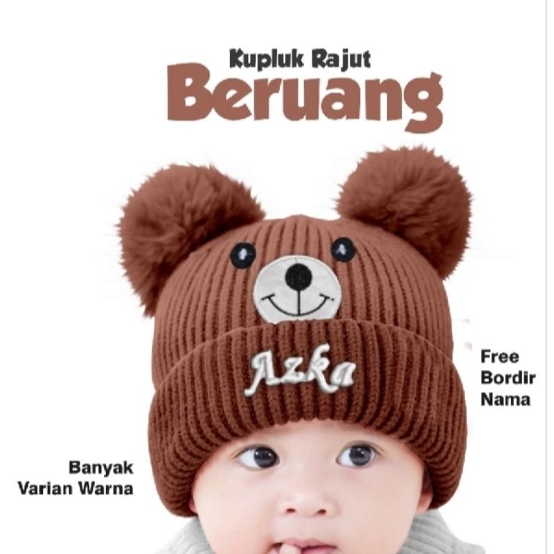 Topi Bordir Nama Kupluk Bayi Pompom Bear
