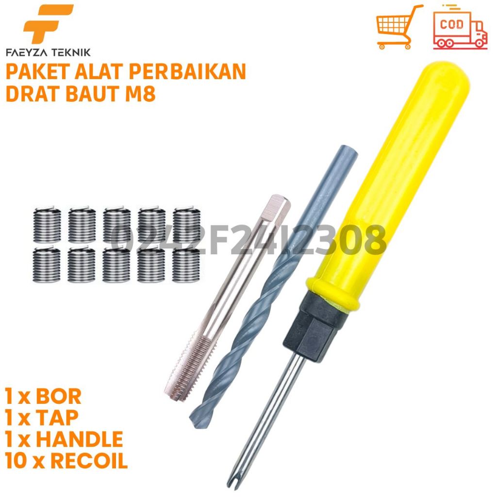 Paket Alat Reparasi Drat Baut 12 10pcs Recoil M8 Set Handel dan Bor Tap Alat Verbos Baut 12