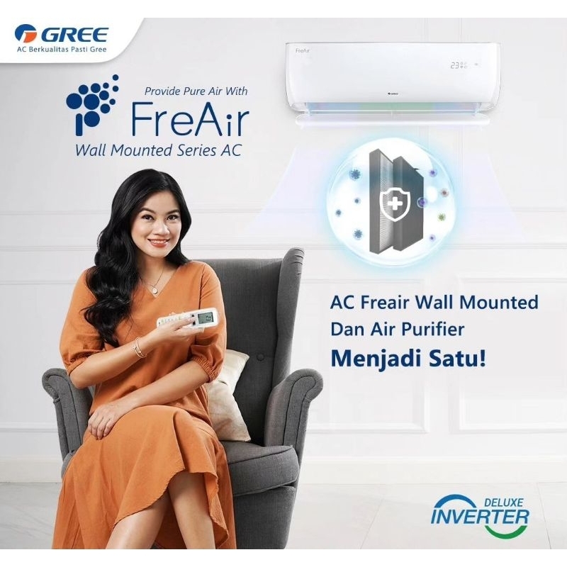 Gree AC 1pk Freair air purifier Inverter 1 pk 09freair split low watt air conditioner saringan udara
