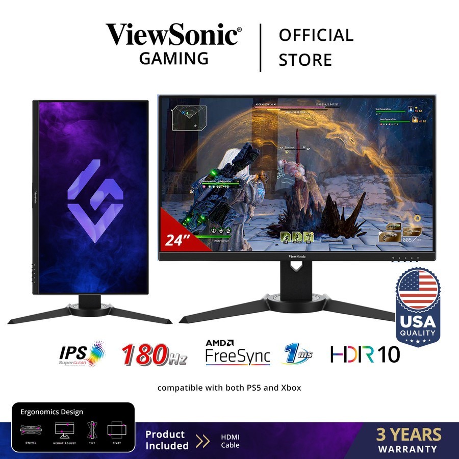 Monitor Gaming ViewSonic XG2409 24" FHD IPS 180Hz HDR10 AMD FreeSync Ergonomic Stand