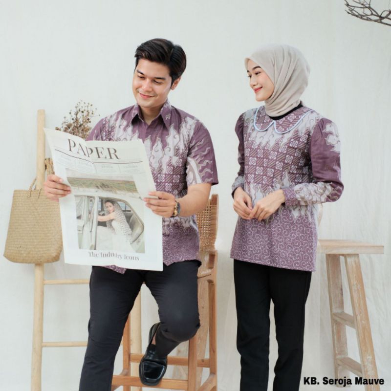 BATIKKU - Baju Batik Couple Pria Wanita Blouse Batik Motif Saroja Mauve Saroja  Navy || Batik couple
