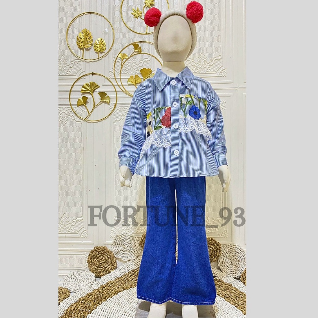 Setelan brukat anak perempuan terbaru usia 3 - 10 tahun motif salur bordir mix tile brukat celana cu