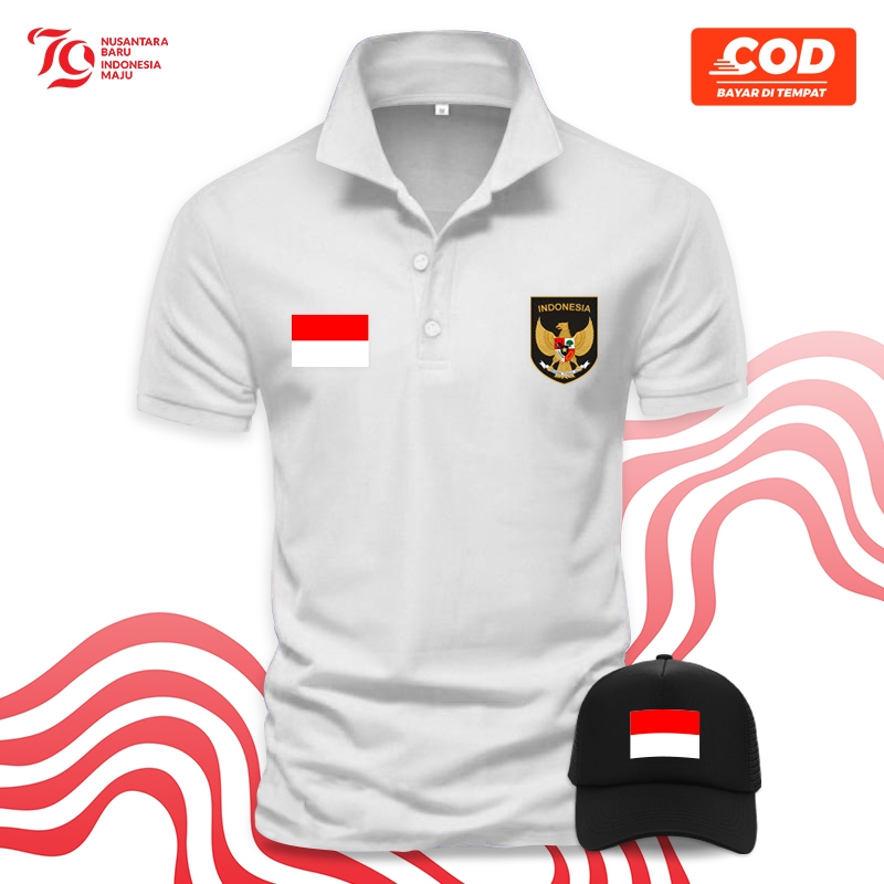 Polo Top RI Putih Pria Baju Kerah Pendek Dewasa Pilihan Warna Atasan Seragam Santai Gratis Topi - Bi