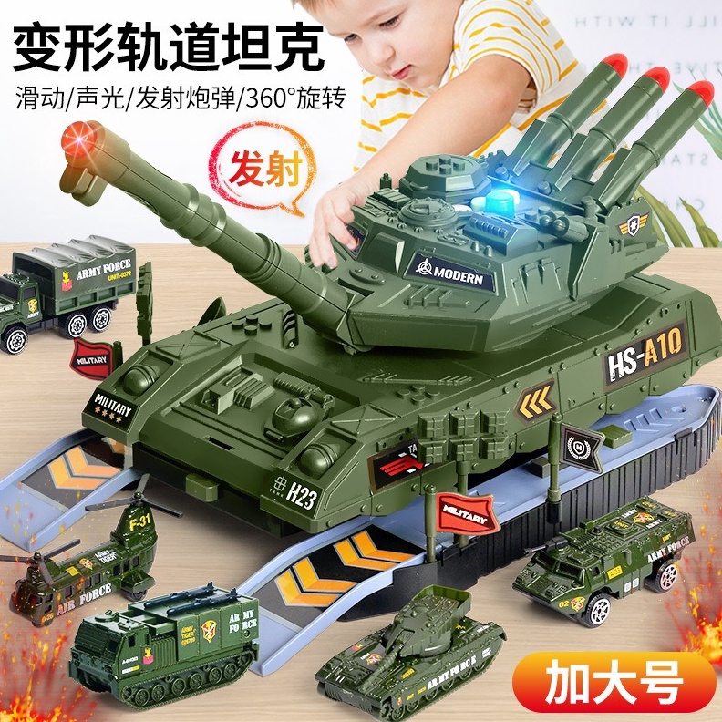 ORIGINAL Mainan Anak Mobil Tank Besi Metal isi Mobil2 kecil Musik dan Cerita