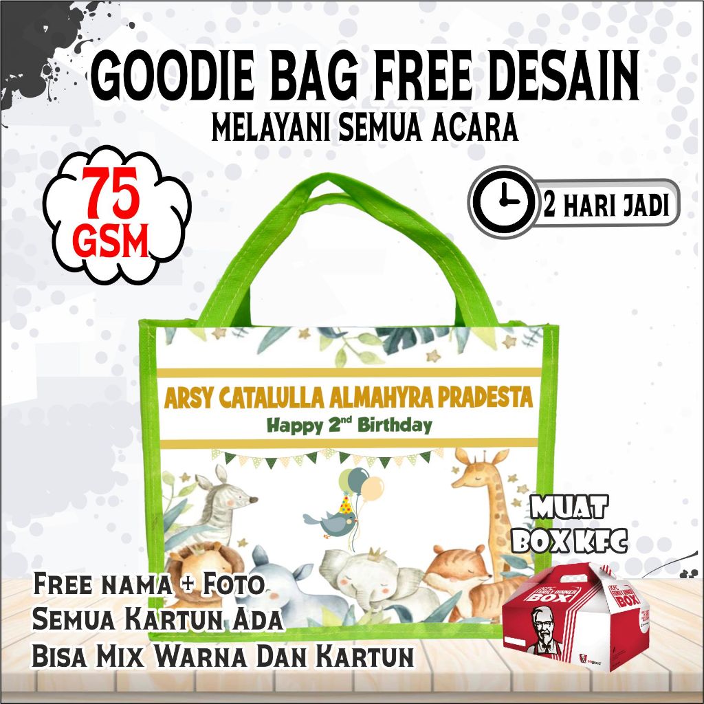 

GOODIE BAG/TAS ULANG TAHUN KEBUN BINATANG/TAS JINJIN RAMAH LINGKUNGAN DAN AWET/MUAT BOX KFC