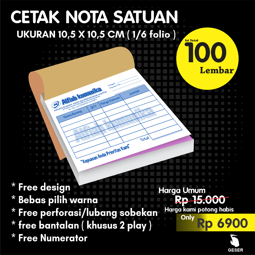 

Nota custom 2 ply 1/6 folio nota custom 2 rangkap buku nota penjualan tanda terima