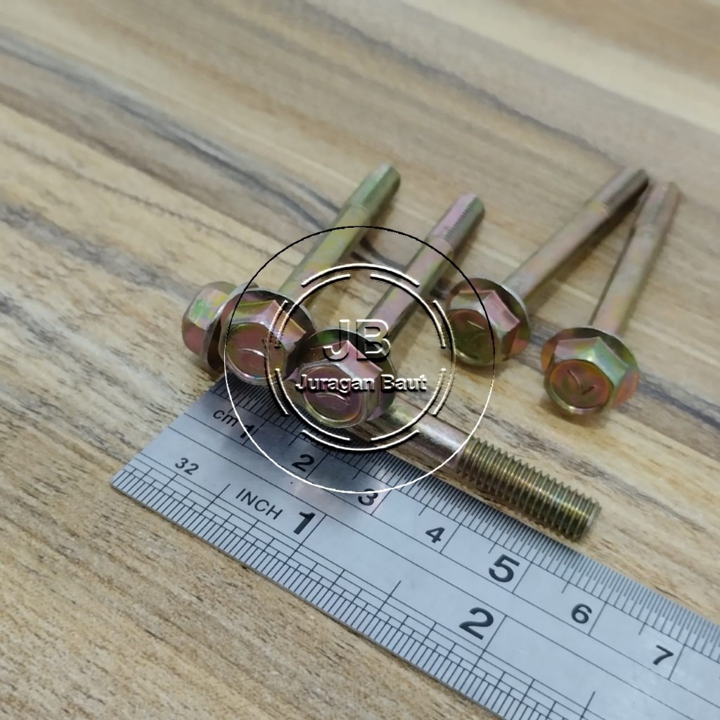 FLANGE BOLT M6 X 55 BAUT M6X55 WARNA KUNING KUNCI 10 PANJANG 5,5CM 5,5 CM 65MM DIAMETER BATANG 6MM P