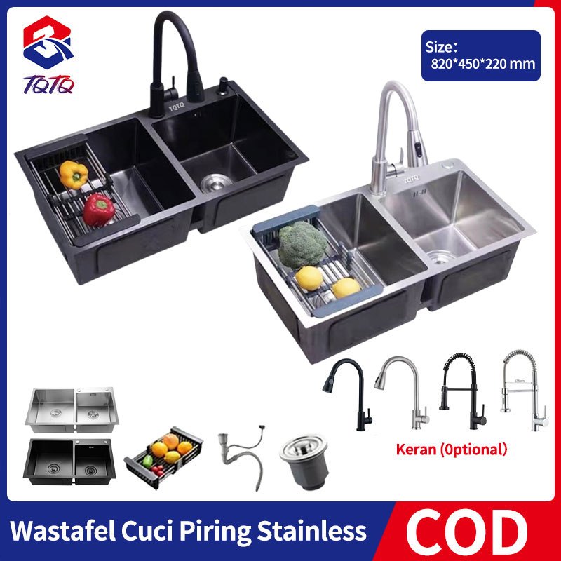 TQTQ Paket Kitchen Sink 8245 Bak Cuci Piring 2 Bowl Hitam/Perak Wastafel Cuci Piring Stainless