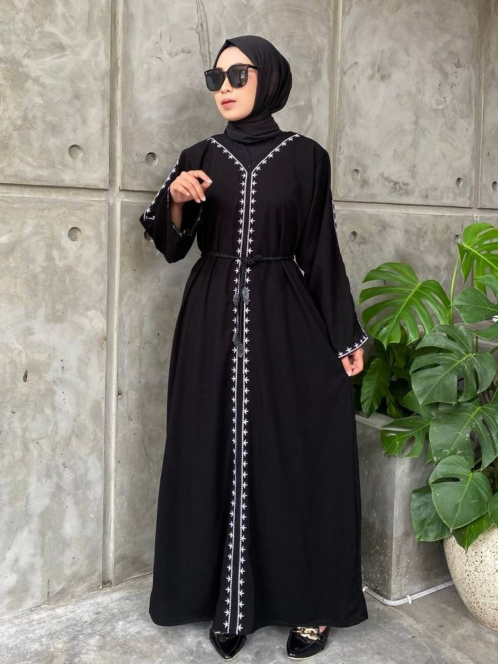 Abaya Wanita Muslim Gamis Saudi Hitam Jetblack Premium Bordir Putih Simpel - NAHLA