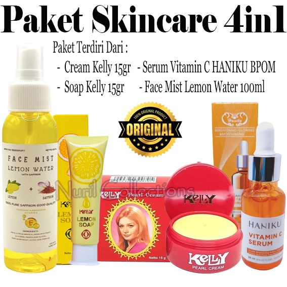 Paket Skincare 4in1 - Cream Kelly 15gr - Soap Kelly 15gr - Face Mist Toner Lemon 100ml - Serum Hanik