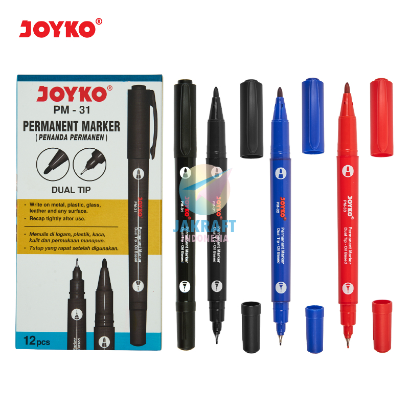 

(12 Pcs) GROSIR Spidol Permanen 2 Sisi JOYKO PM-31 Hitam | PM-32 Biru | PM-33 Merah Permanent Marker 2in1 Anti Air Segala Permukaan | PACK