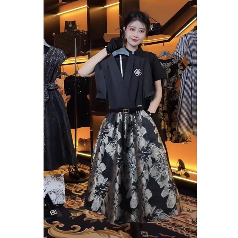 sleeve dress flare skirt motif floral flower vintage simple korean paris parisian europe eropa vinta