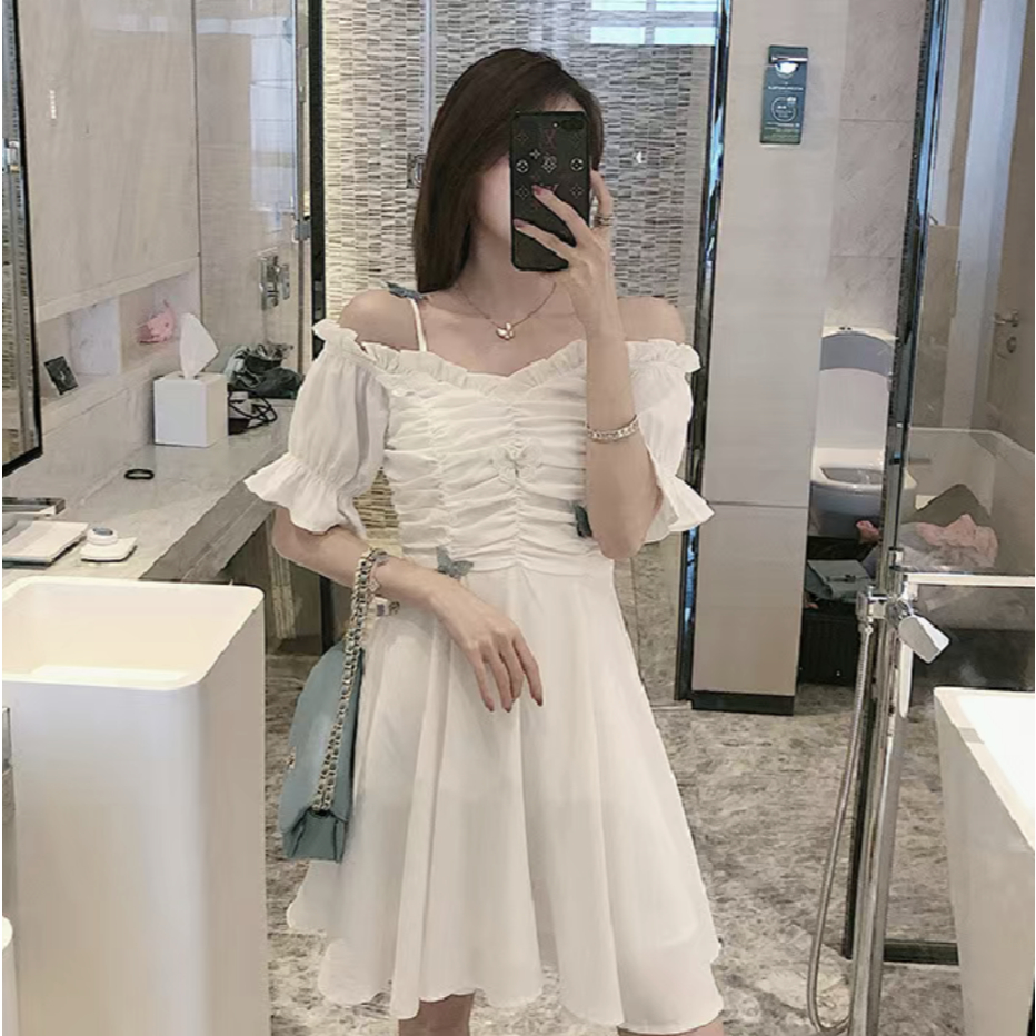 dress putih pendek dress elegant princess kekinian simple casual dress wanita A line dress korean st