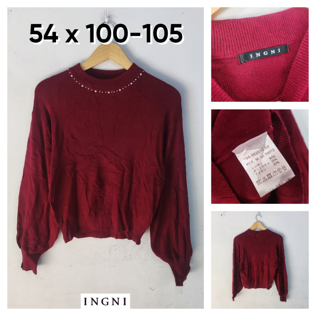 Sweater INGNI Maroon Hiasan Manik Size M Wanita Atasan Cewek Outer Knit Lengan Semi Balon BC723