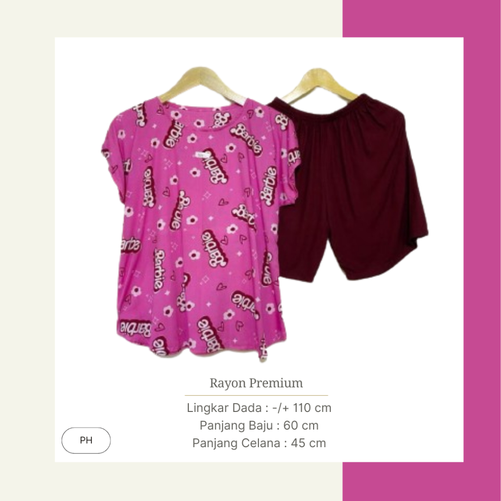 Baju Tidur Piyama Wanita Rayon Pink Celana Sepaha Motif Barbie
