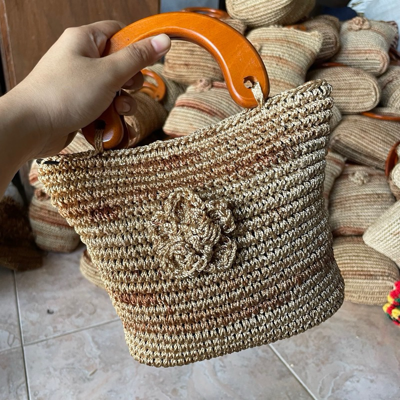 TAS WANITA RAJUT BUNGA RESLETING / TAS SELEMPANG WANITA ANYAMAN HANDEL KAYU