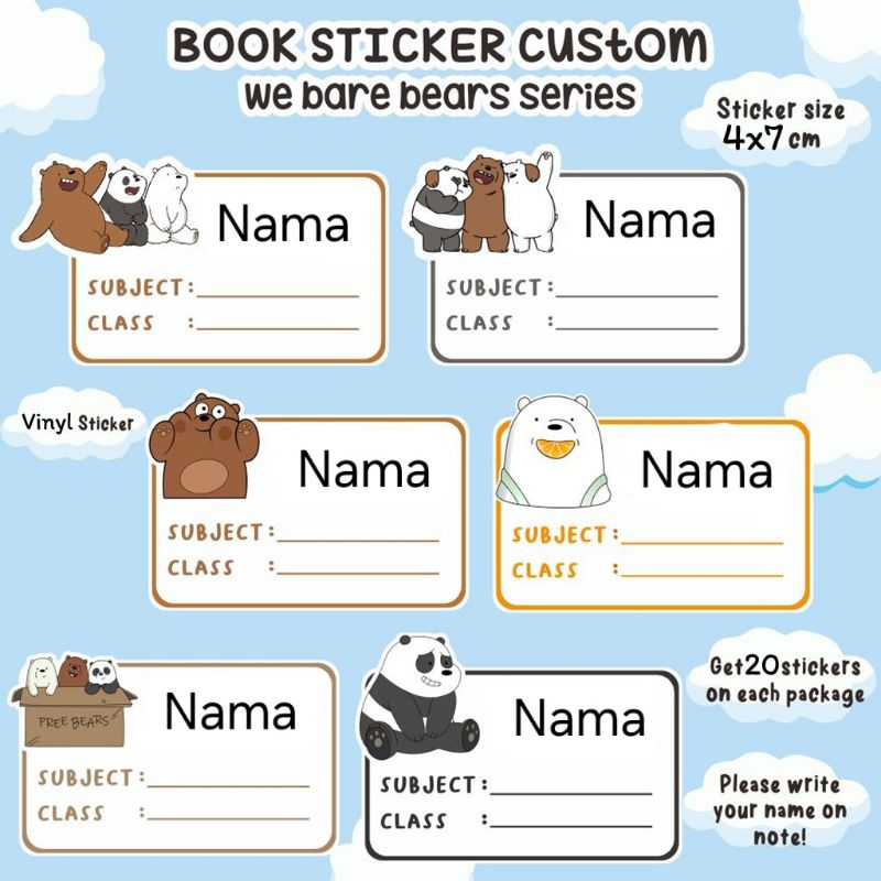 

PO 3-5 hari (Bentuk Kotak) Stiker Sticker Nama Anak We Bare Bears Grizzly Panda Ice Bear Untuk di tempel di buku tulis atau buku paket