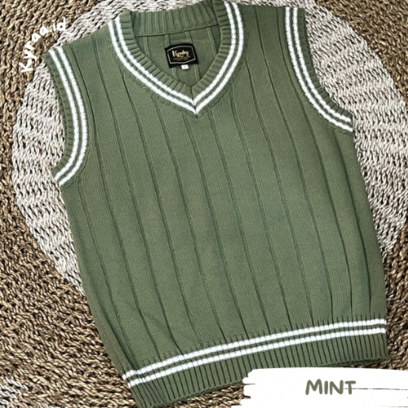 Vest rajut knite mint/ list lengan/rajutpremium/nyaman/tebal/rajutknite/unisexfashion/bykyraaid