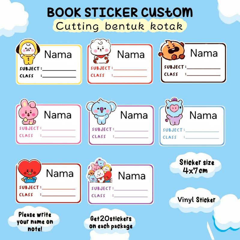 

PO 3-5 hari (Bentuk Kotak) Stiker Sticker Nama Anak BT21 BTS Army Untuk di tempel di buku tulis atau buku paket