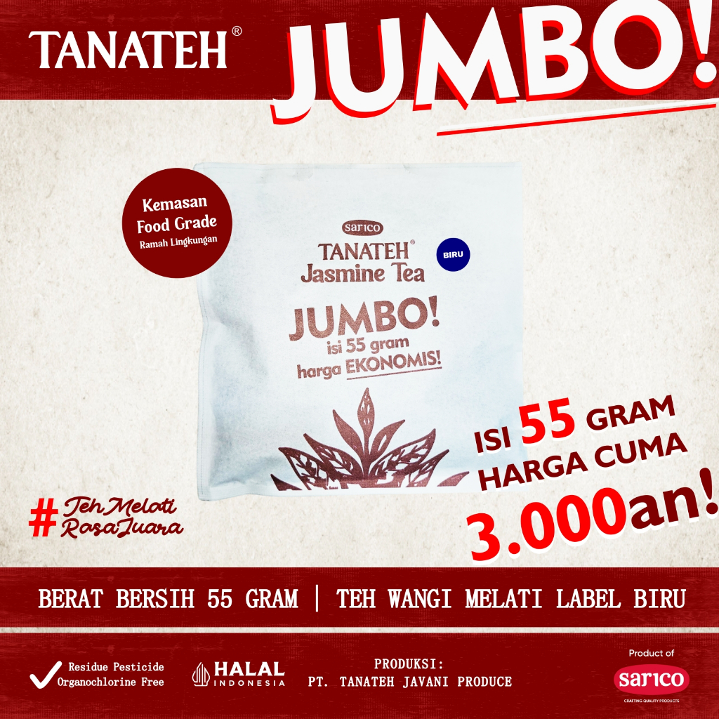 

TANATEH Jumbo Label Biru - 55 gram | Javanese Jasmine Tea | Teh Tubruk Indonesia