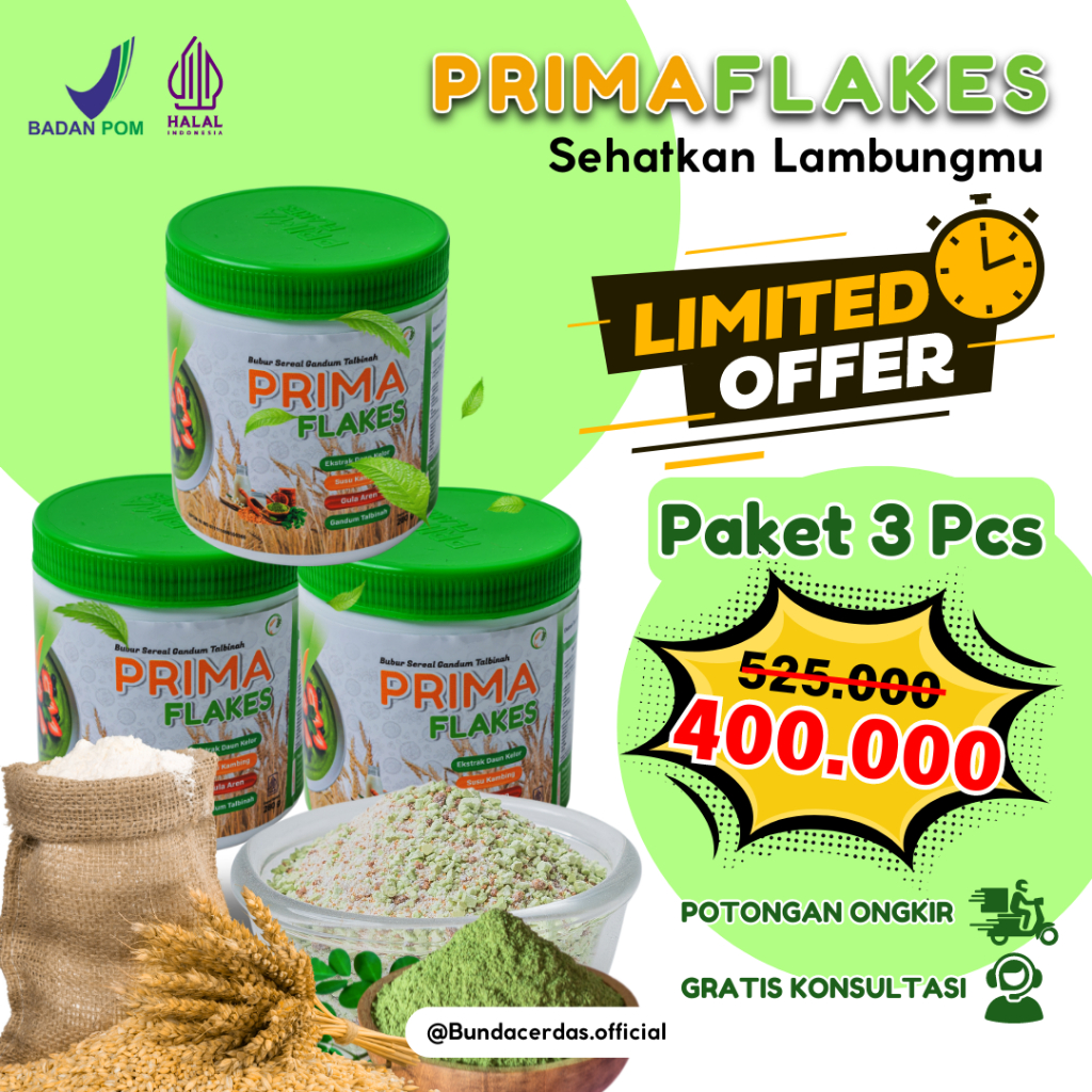 

PAKET 3 PRIMAFLAKES Superfood Gandum Talbinah Bantu Atasi Maag, Asam Lambung & Gerd Tanpa Obat