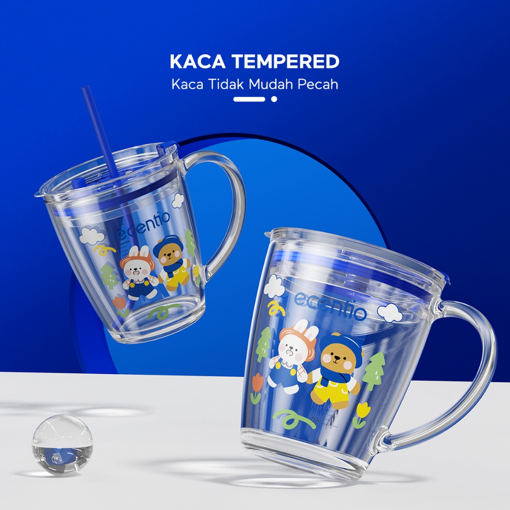 【OLO】Ecentio Journey Tempered Milk Cup 400ml – Gelas Kaca Putih dengan Sedotan Silikon Biru Kemasan 