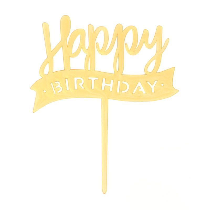 Cake topper tulisan happy birthday bahan plastik warna cokelat muda gold emas coklat toper bendera f