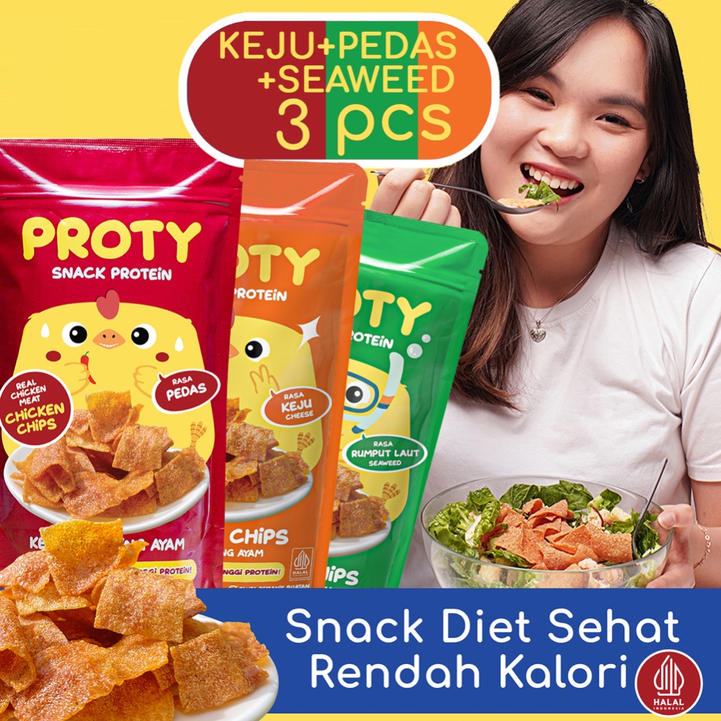 

PROTY Protein Snack Cemilan Diet Rendah Kalori - Pedas(1 pc)+Keju(1 pc)+Seaweed(1 pc) Keto Friendly