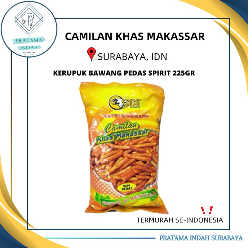 

KERUPUK BAWANG PEDAS 225 GRAM MEREK SPIRIT OLEH-OLEH KHAS MAKASSAR (HARGA GROSIR) TERMURAH!!!