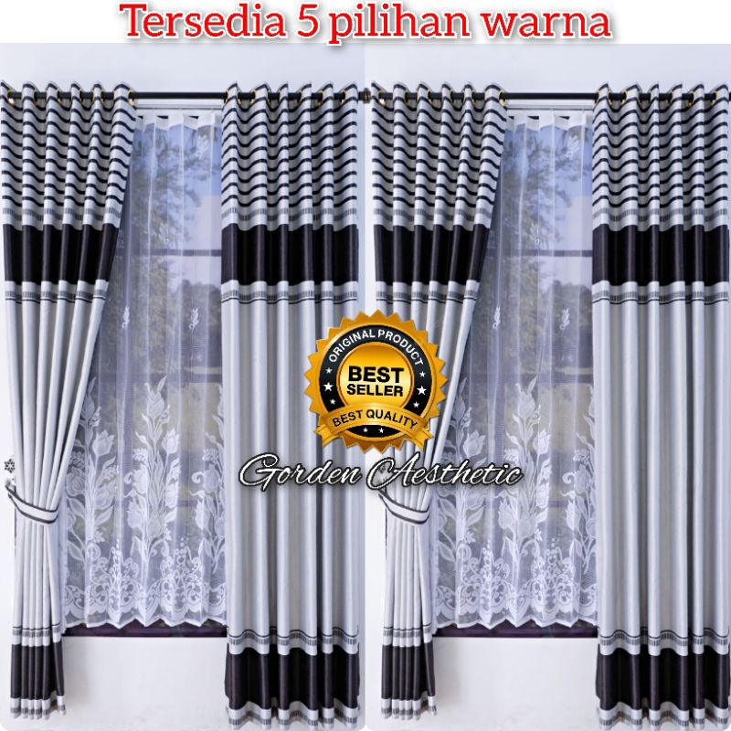 Gorden Jendela Aesthetic Motip Salur Minimalis Kombinasi Abu Hitam Terbaru Bahan Kain Blackout Bludr