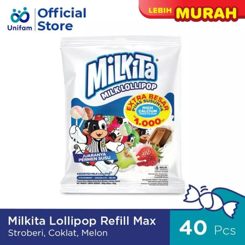 

Permen Susu Milkita Lolipop kemasan pak isi 40 pcs @ 9 gram. Netto 360 gram per pack