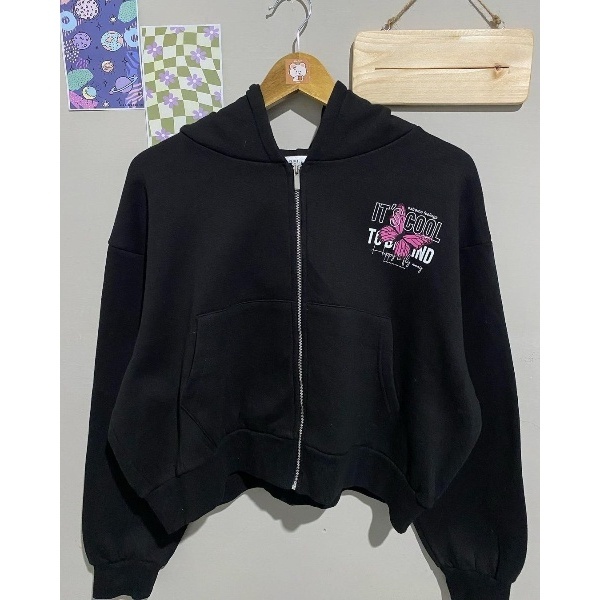 sweater hoodie zipper crop top BUTTERFLY PINK fashion wanita kekinian outfit korean style