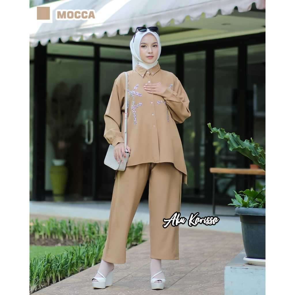 Cindiya one set by Aku karissa 100% Original / atasan tunik setelan celana polos rayon popcorn tali 