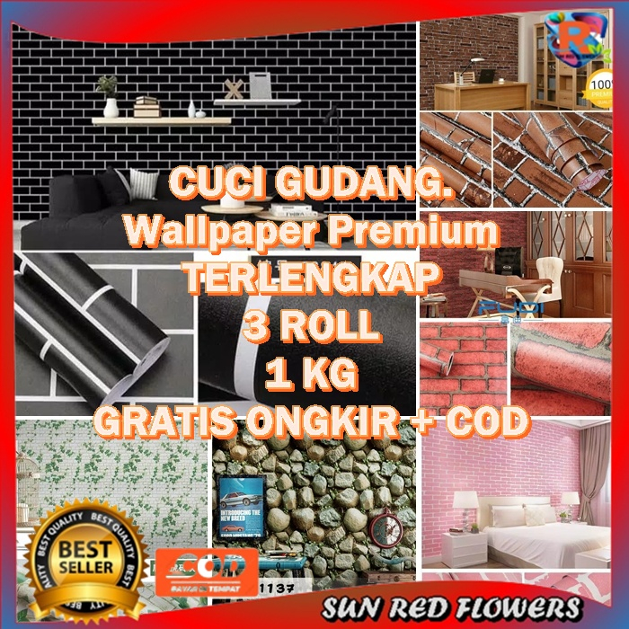 Wallpaper Stiker Dinding 45CM x 4M Motif Bata Merah Orange Biru Hitam Putih Pink Alam 3D Wallpaper B