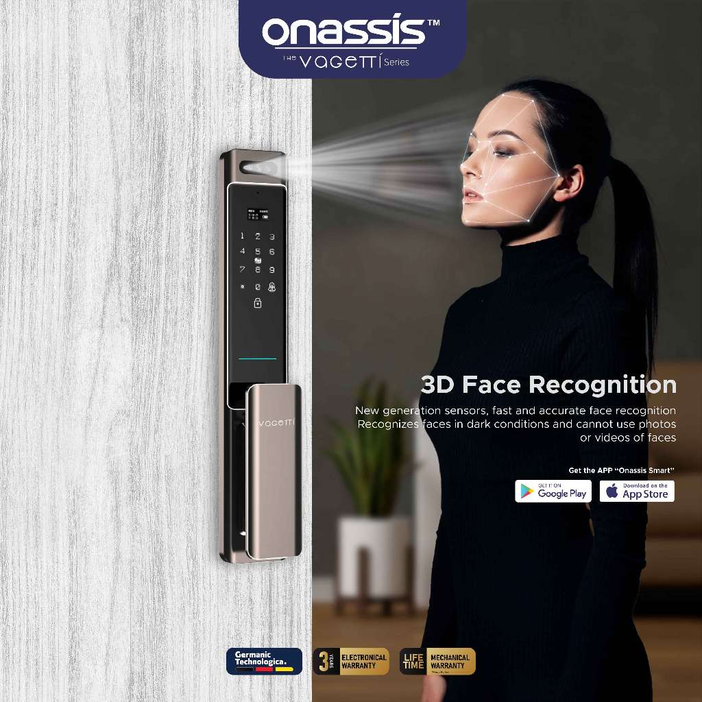 Onassis Smart Lock V80 Pro Vagetti dengan 3D F ID 1 Way Video & 2 Way Garansi 3 Tahun Luxury