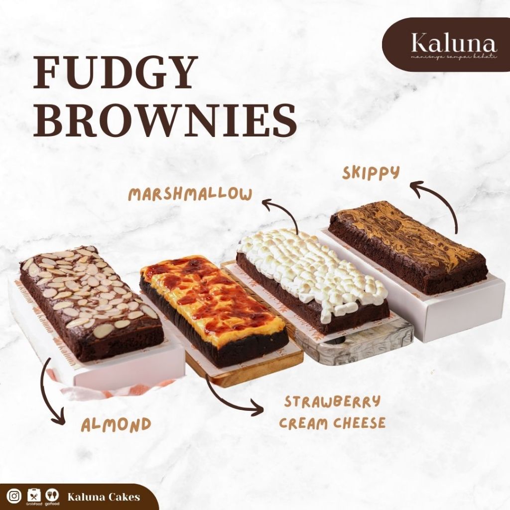 

Kaluna Cakes Fudgy Brownies Panggang Premium - Almond, Marshmallow, Skippy, Strawberry Cream Cheese