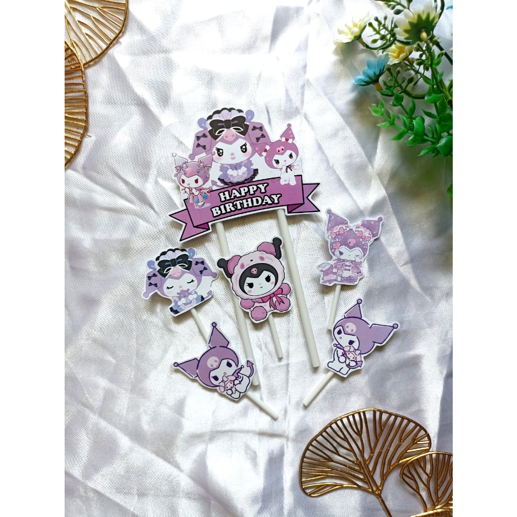 Custom Nama Foto Topper cake Karakter Kuromi Ungu Hiasan Kue Ulang Tahun / Snack Tower