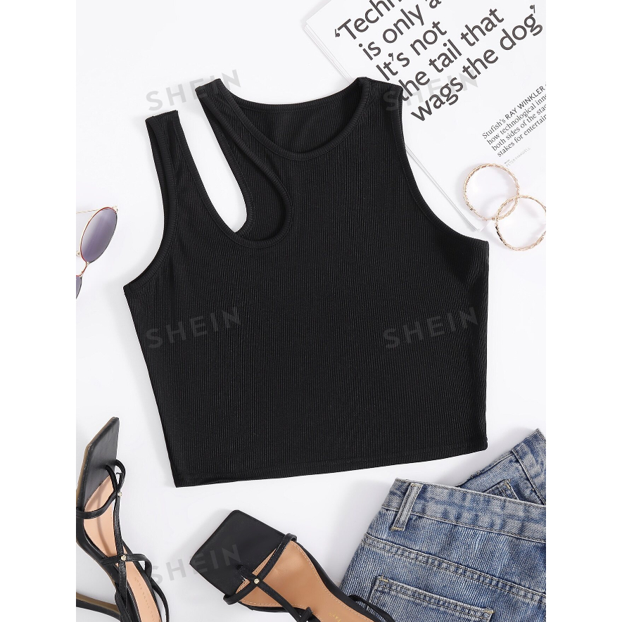 SHEIN EZwear Solid Cut Out Shoulder Ribbed Knit Tank Top For Summer