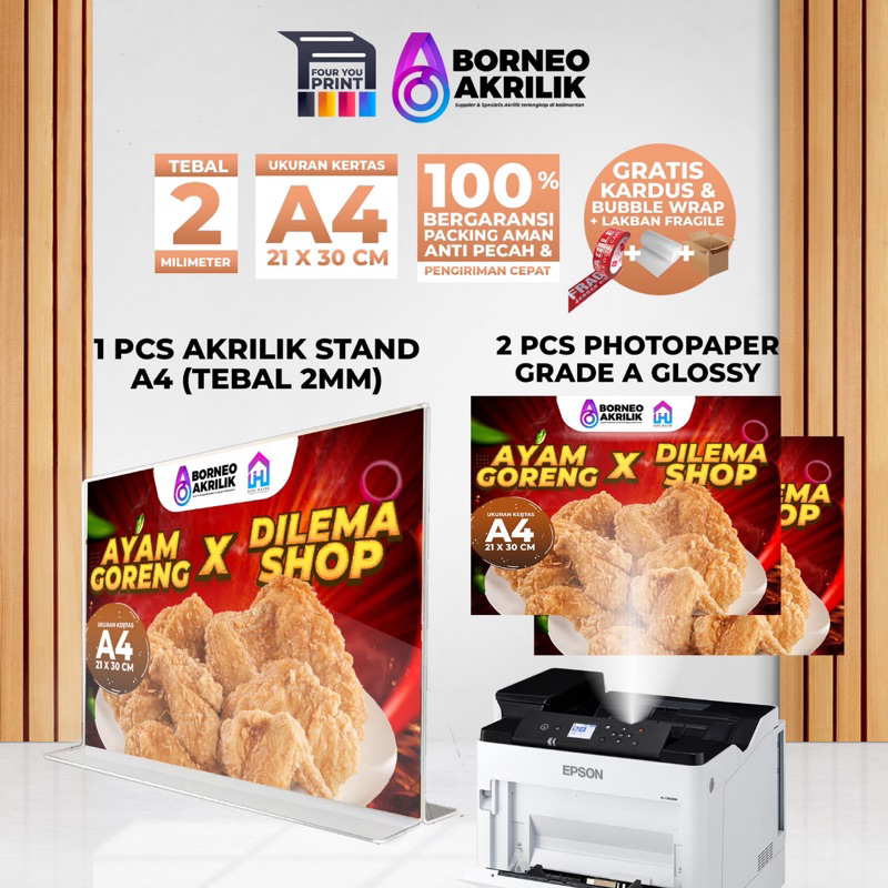 Akrilik Stand Menu A4 + Print Poster 2 pcs Bolak Balik Fouryou Print Wadah Brosur akrilik Tempat Bro