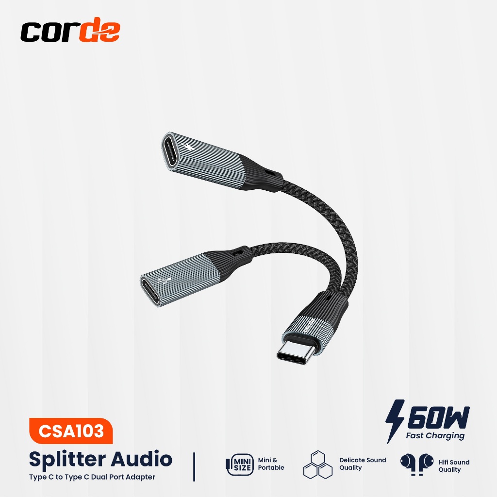 CORDE Type C Audio Splitter & 60W Charger: Dual Type C Splitter CSA103