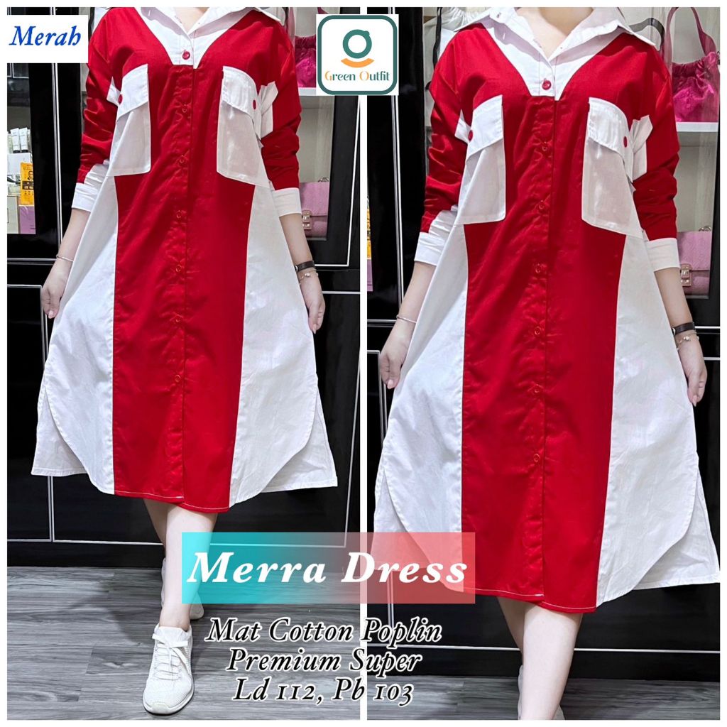 Merra baju dress long tunik tunic wanita muslim jumbo ld 112 katun merah putih agustusan kemerdekaan