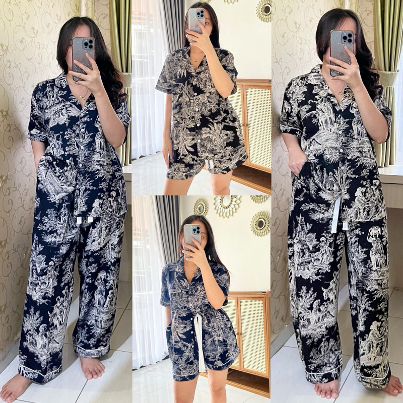 ONE SET WENGGO - LEONY & MILEYA SET ( DIOR VIEW ) Rayon Premium Kemeja Baju Tidur Wanita Kekinian Ce