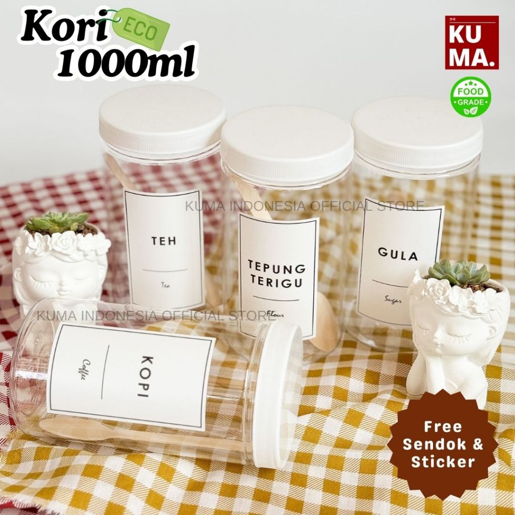 KUMA Kori 1000ml Tutup Putih Toples Bahan Plastik Food Grade Free Stiker