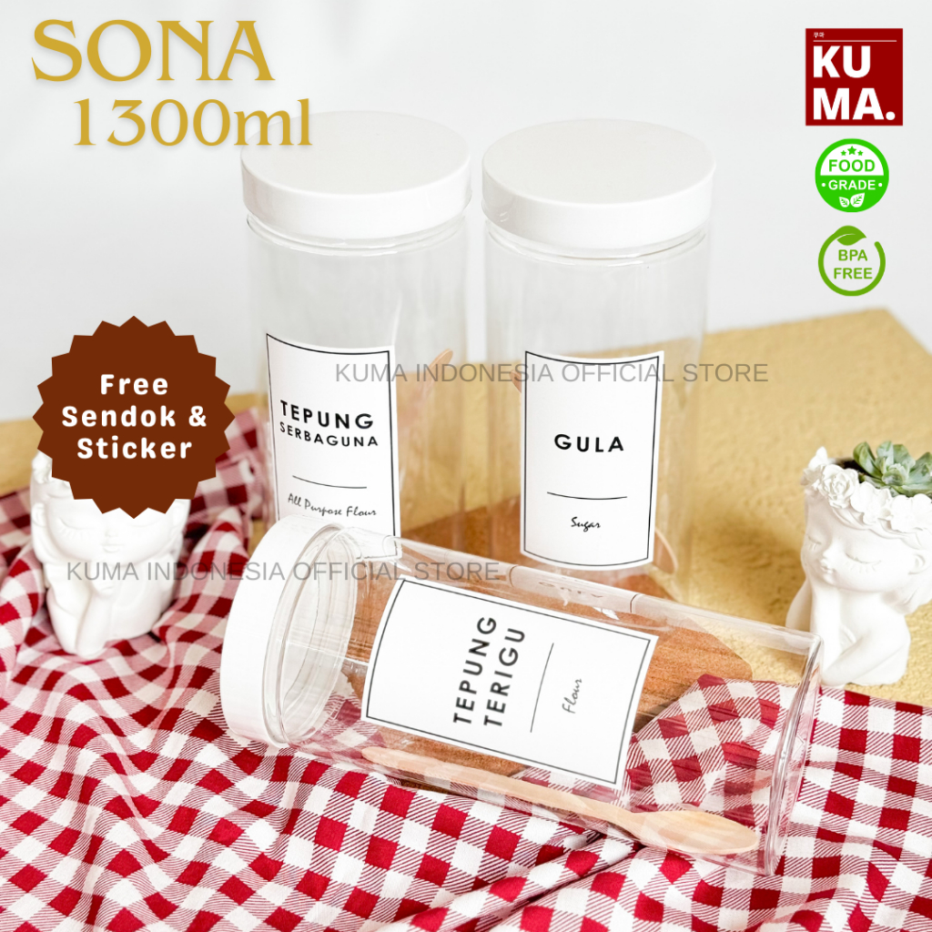 KUMA Sona 1300ml Tutup Putih Toples Bahan Plastik Food Grade Free Stiker