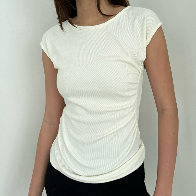 JILL TOP | Atasan Knit Wanita Lengan Pendek Rample Ruched Pleated Basic Korean Top Summer Baju Knit 