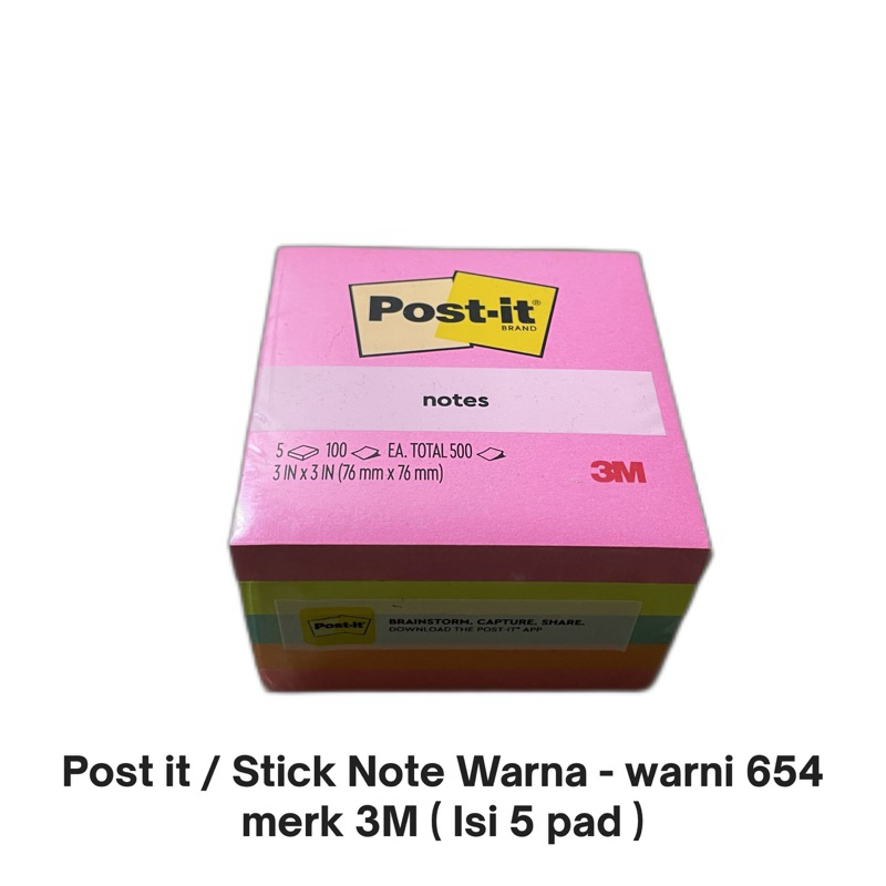 

Post it / Stick Note Warna - warni 654 merk 3M ( Isi 5 pad )