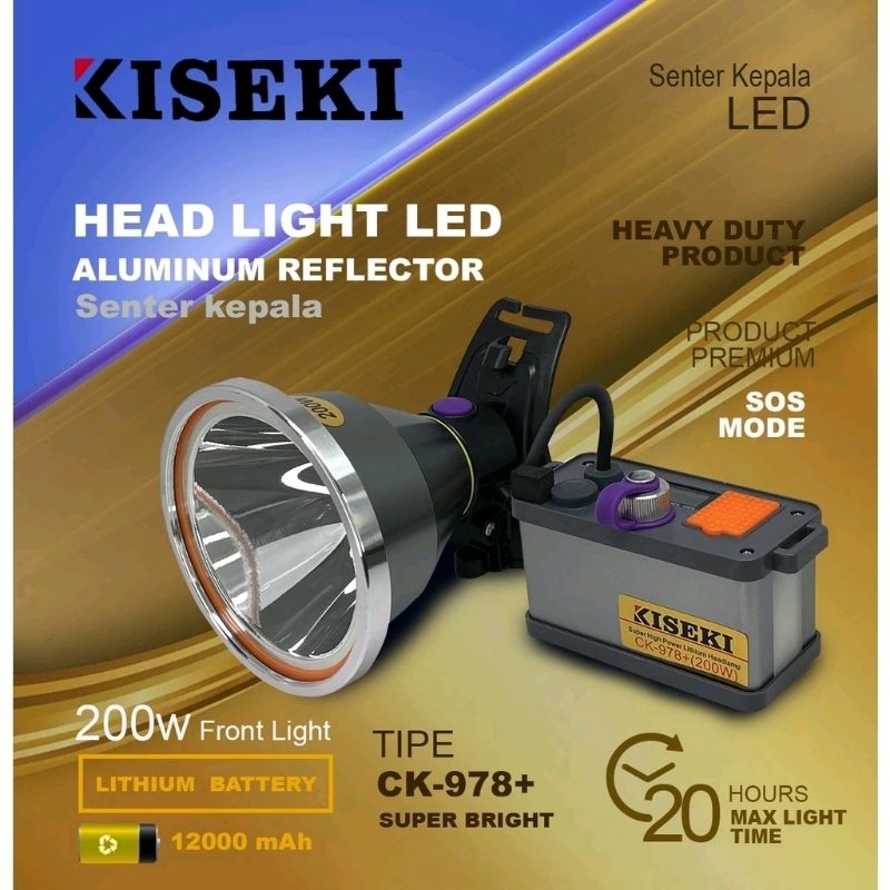 Kiseki Senter Kepala CK-978+ Headlamp 200 Watt Baterai 12.000mAh LED Light Super Bright Tahan Hingga