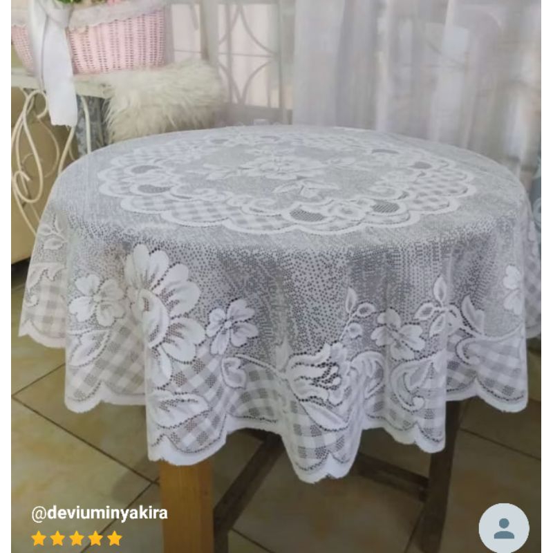 TAPLAK MEJA MAKAN BULAT/BUNDAR UNTUK 6 KURSI POLYESTER RENDA CLASSIC